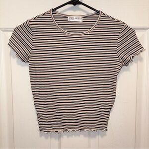 Black, Brown and White Striped Tee with Lettuce Trim